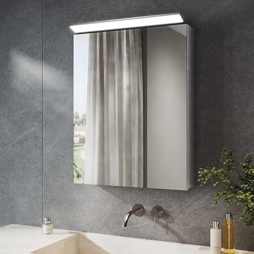 SONNI Spiegelschrank Bad mit Beleuchtung 52 x 65 cm, Edelstahl Medizinschrank IP44 Wasserciht, Spiegelleuchte mit Kaltweißem Licht und Wandschalter für Badezimmer