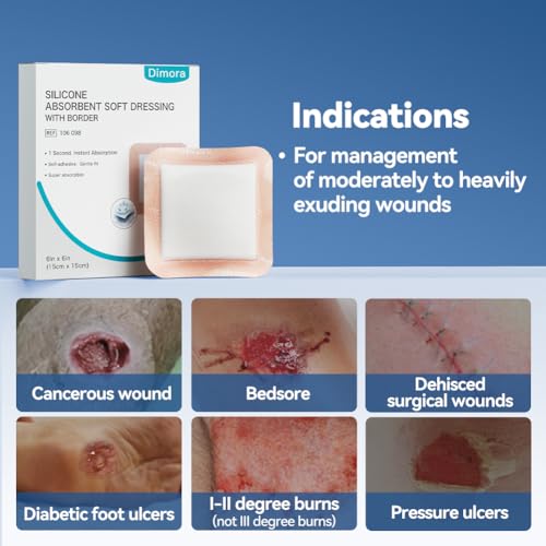 Image of Dimora Silicone Super Absorbent Wound Dressings - Gentle Adhesive Bandages with Ultrasorb Polymer,Heavy Exudate Wound Care Pads 6 inchX 6 inch 10 Packs