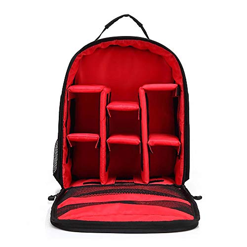 Mochila Fotográfica Impermeável Compacta para Câmeras DSLR e Mirrorless - Cor Preta e Vermelha