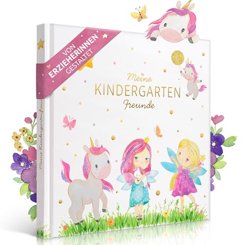EULENTALER® Vriendschapsboek voor kleuterschool, meisjes, door opvoeders, handgeschilderde eenhoorns, feeën en prinsessen, kindvriendelijk ontwerp, met gouden reliëf, vriendschapsboek eenhoorn