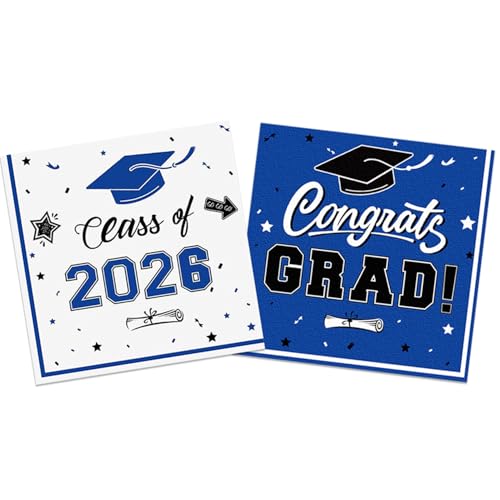 96 Pcs Graduation Party Napkins Disposable Paper Napkins for College High School Graduation class of 2026 Gongrats Grad Napkins (Blue White)