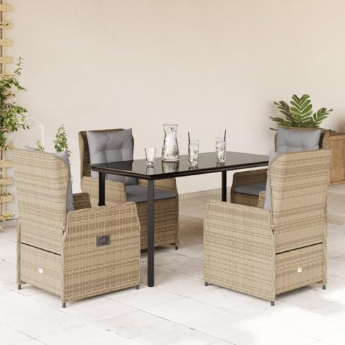 IKAYAA Gartenmöbel Set mit Tisch und 4 Verstellbare Hochlehner Stühlen, Polyrattan Sitzgruppe für 4 Personen, Essgruppe für Garten Terrasse, inkl. Sitzkissen Beige 5-TLG-Type-6