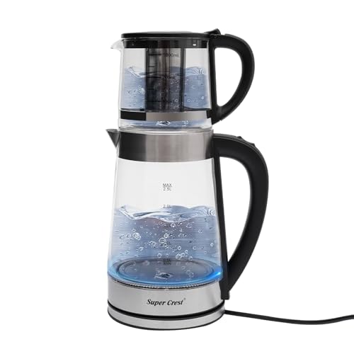 RjcdOPL Bouilloire Électrique Double 2,5 L avec Théière en Verre 1 L, Machine à Thé 1500W, Infuseur Amovible, Arrêt Anti-Sèche Automatique, Pratique pour Famille et Amateur de Thé