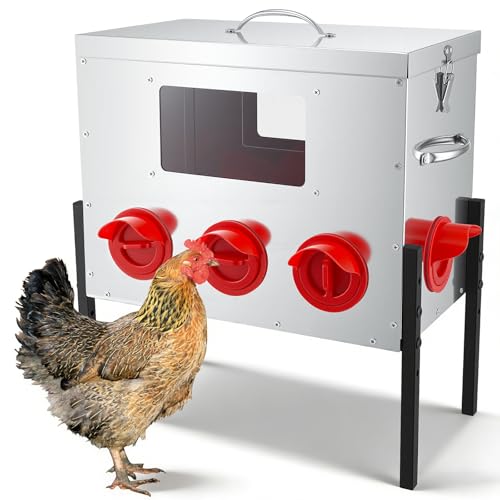 Futterautomat Hühner 38L Hühnerfutter Automat Edelstahl Mit 8 Ports & Sichtfenster Höhenverstellbar Wasserdicht Abschließbar Futtertrog Hühner Rattensicher Für Stall Hof und Freiland