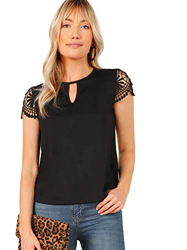 SheIn Women s Elegant Lace Cut Out Crewneck Short Sleeve Blouse Shirt Top Medium Black