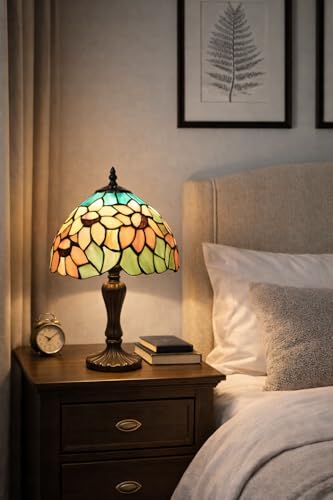 Image of Stained Glass Table Lamp, Yellow Green Floral with Antique Bronze Base, Decorative Bedside & Living Room Lamp (Free Bulb) (Design - 4) Free Bulb- 3 Color Options- Warm White, Cool White and Natural