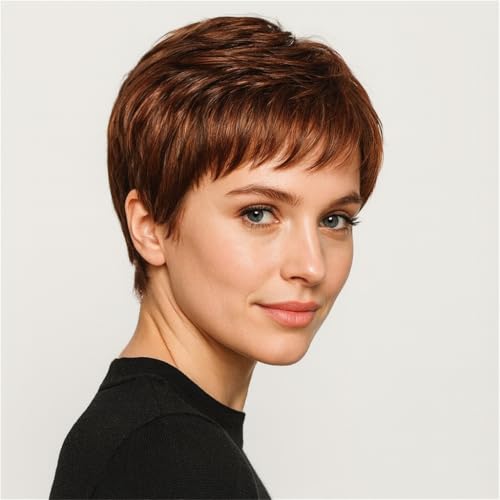 AIYLMZ Parrucche corte taglio pixie con frangia per donne eleganti parrucche a strati soffici naturali (Castagna)