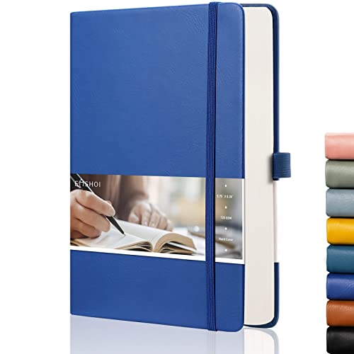 EMSHOI A5 Notebook Dotted Journal - 21.4 x 14.5 cm, 256 Pages, 120gsm Thick Paper, Pen Holder, Back Pocket, Hardback Faux Leather Notepad for Women Men Bullet Journaling - Blue