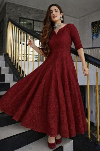 Image of LookMark Women's Chikankari Embroidered Ethnic Gown, Ankle Length Flared Dress, 3 /4 Sleeves, Traditional Indian Wear