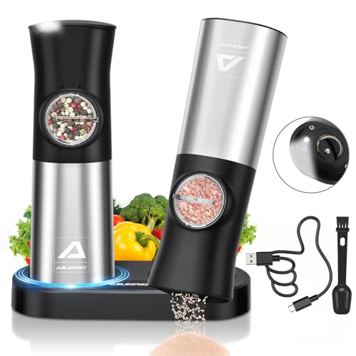 ABLEGRID Gravity Electric Salt and Pepper Grinder Set,Rechargeable Automatic Salt & Pepper Mill Grinders Refillable,Coarseness Adjustable,Stainless St