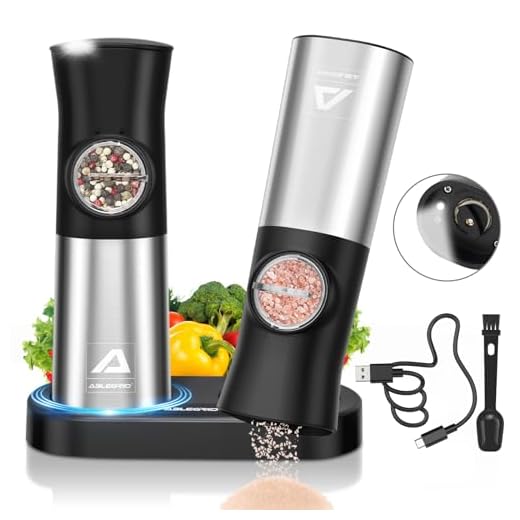 Electric Salt and Pepper Grinder Set, ABLEGRID Gravity Rechargeable Automatic Salt & Pepper Mill Grinders Refillable, Coarseness Adjustable, with Charging Base, LED Light, Dust Cap, 2 Pack