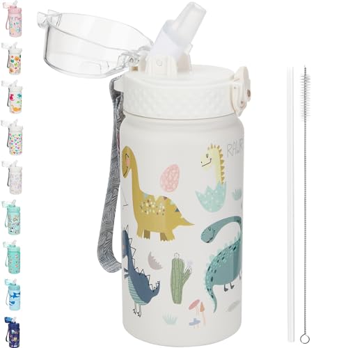 GOPPUS 420ml/14oz Kids Insulated Water Bottle with Straw Cute Double Wall Stainless Steel Child's Small Flask Vacuum Insulated Steel Metal Leak Proof Drink Flask Boys Toddler Girls Bottles BPA-Free