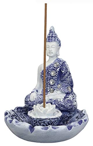 Ebros Gift Bhumisparsha Mudra Buddha Amitabha Meditating By Padma Lotus Flower Incense Holder Burner Figurine In Terracotta Blue And White 4.25" High Buddhist Eastern Enlightenment Feng Shui Decor #TOP2