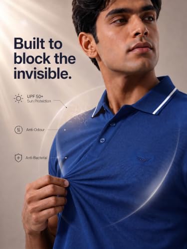 Image of NOBERO Men's Travel Polo T-Shirt | Premium Cotton Stretch Fabric | Anti-Odor & Water-Repellent | UPF 50+ Sun Protection | Regular Fit Polo Collar Casual Wear