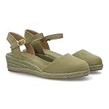 100324 Sandalia Alpargata de mujer con cuna de esparto y puntera cerrada, talon abierto con cierre de hebilla. Cuna baja con plataforma ligera ideal para uso diario en primavera verano Verde Talla 37