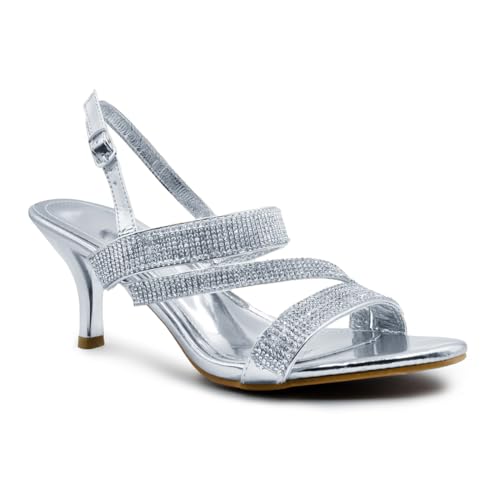 Fashion Thirsty Heelberry® Damen Sandaletten - Mittelhoher Absatz & Schmucksteine - Silberfarben Metallic - EUR 41
