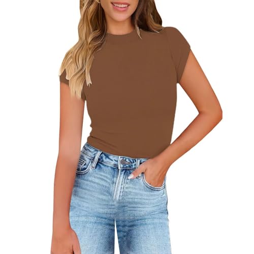 Camiseta Slim Fit Camisa de Punto de Manga Corta con Cuello Redondo para Mujer (Khaki, S)