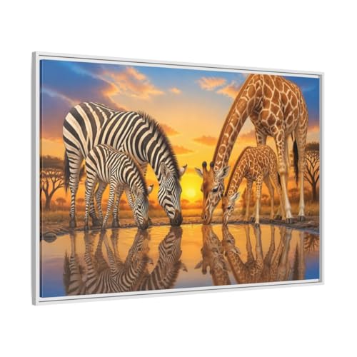 Tableau animaux de la savane zèbre et girafe cadre blanc salon 120x80cm
