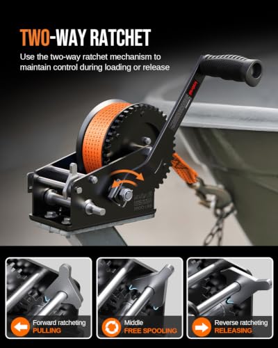 Image of Kolvoii 3500 lb Boat Trailer Winch, 33 ft Strap, 2-Speed 4:1 /8:1, Orange | Polyester Strap; Two-Way Ratchet; 8 mm High-Carbon Steel Gears; Galvanized Finish; Boat Trailer and Marine Loading