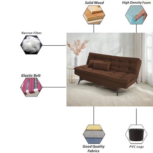 Image of Krancy Solid Wood 3 Seater Sofa Cum Bed with 2 Cushions | Convertible Wooden Couch for Living Room, Home & Office | Modern Designer Furniture | 3 Years Warranty | Brown
