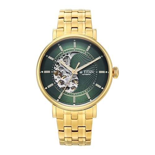 Image of Titan Yin Yang Skeletal Automatic Analog with Green Dial Silver Gold Steel Strap Watch for Men - 90222YM01