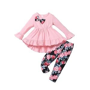 puseky Toddler Baby Girl Clothes Long Sleeve Ruffle Bow Solid Shirt Dress Tops and Floral Pants Spring Clothing Sets