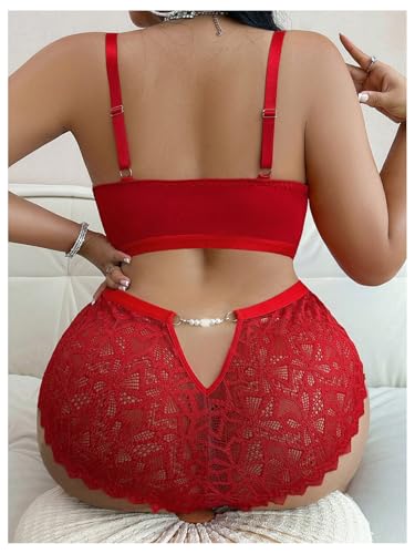 Image of MakeMeChic Women's Plus Size Lingerie Sets Contrast Lace Cut Out Wireless Bra and Panty Set