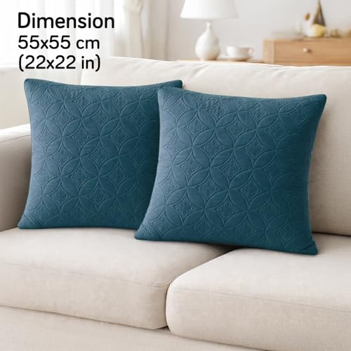 Image of HOKIPO 100% Leakproof Quilted Cushion Cover for Sofa 22x22 Inches, Set of 2, Prussian Blue (AR-6281-PBL*2)