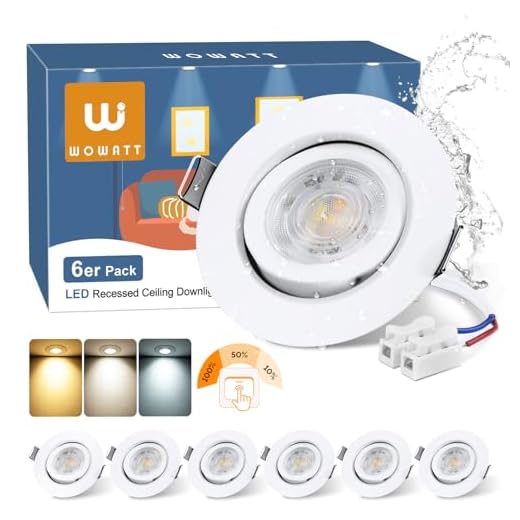 wowatt 6er LED Spots 3 Stufen Dimmbar, 6W LED Einbaustrahler 230V Schwenkbar 3000K Warmweiß 4000K Neutralweiß 6000K Kaltweiß, Deckenspots Weiß 68mm Lochmaß, IP44 Einbauleuchten Flach für Badezimmer