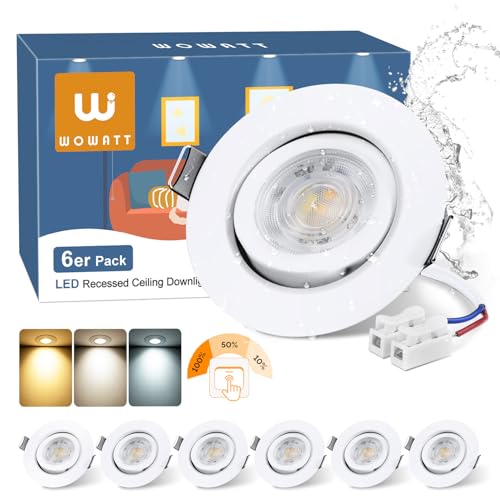 wowatt 6 Pack Focos LED Interior Techo Regulable, 6W 640LM Downlight LED Techo Empotrable Orientable Luz Calida 3000K Luz Neutra 4000K Frío 6000K, IP44 Ojos de Buey para Baño, Corte 68mm-75mm