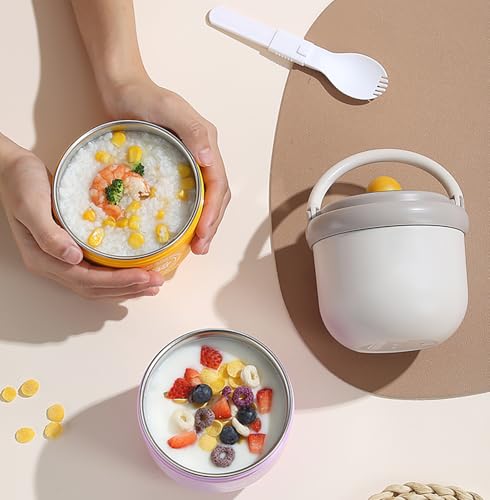 Image of House of Quirk Portable Soup Cup & Porridge Jar, 304 Stainless Steel Breakfast Cup with Lid & Spoon - Insulated Oatmeal, Milk & Food Container for Students & Travel (Purple /Pink)