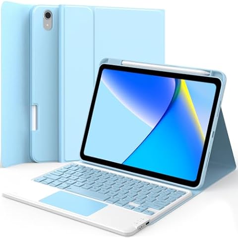 GreenLaw for iPad 10th Generation Case with Keyboard, Stain-Resistant Cover, 7 Color Backlit, Support 2 BT Devices, Detachable Keyboard Case for iPad 10th Gen with Touchpad and Pencil Holder, Blue Cover