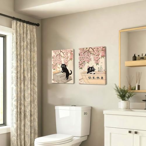 Funny Japanese Bathroom Wall Art Set of 3, Whimsical Black Cat Bathroom Wall Decor Painting Cute Japan Animal on Toilet Reading Poster Canvas Prints 12x16 inch Framed by Mynotix - Image 6