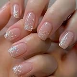 Glitter Press on Nails Short Square Shaped Fake Nails with Designs French Tip Sparkly False Nails Glossy Pink Acrylic Nails Full Cover Bling Reusable Stick on Nails for Women Nail Art DIY 24 Pcs
