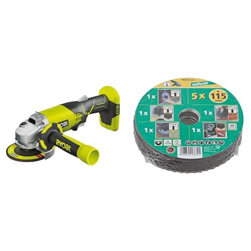 RYOBI - Meuleuse d'Angle Électrique Sans Fil 18V ONE+ Ø115mm - Utilisations sur Métal, Pierre, Parpaing& wolfcraft 1663000 Kit découverte de 5 Disques pour...