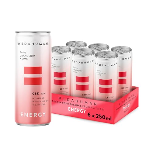 MEDAHUMAN CBD Drink (20mg), ENERGY, Cranberry & Lime, with Natural Caffeine, Ginseng, Vitamin C & B, Low Calorie, Vegan, Nootropic, Adaptogens & CBD infused Clean Energy Drink (Pack of 6 x 250ml)