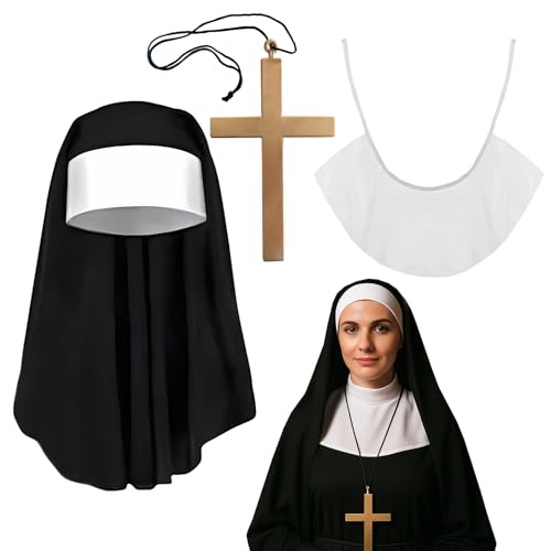 zhongko 3Pcs Halloween Nun Costume Accessories Nun Costumes for Women with Nun Headpiece Crossing Necklace And Collar Accessories for Religious Parties and Carnival