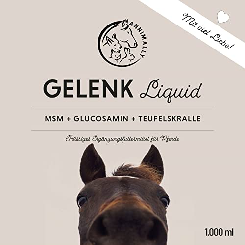 Foto von Annimally Gelenk Liquid für Pferde 1000ml mit Teufelskralle, Glucosamin und MSM (Schwefel) flüssig - Für die Stärkung der Gelenke beim Pferd - Alternative zu Pulver