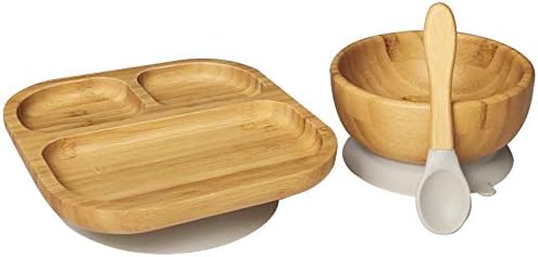 Baby Toddler Stay Put Dish, Kids Suction Plate & Bowl & Spoon, Bamboo Cute Dinnerware (Grey Set)