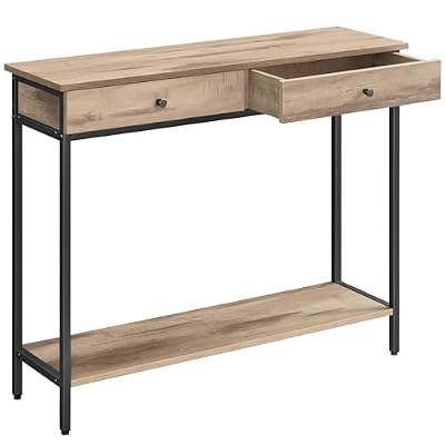 VASAGLE Mesa de Consola, Mesa de Sofá con 2 Cajones, Marco de Acero, Estable, para Pasillo, Dormitorio, Salón, Estilo Industrial, Marrón Camello y Negro Tinta LNT015W01 | Ya disponible en tu tienda friki favorita! En mundofriki.es!