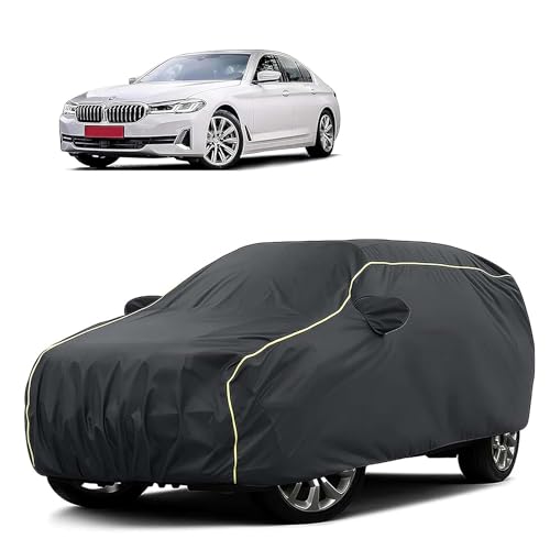Image of Sulfar 100% Water Resistant Car Body Cover Compatible with Mirror for BMW 5 Series (Triple Stitched, Full Bottom Elastic, Dark Grey Taffeta with Yellow Piping)