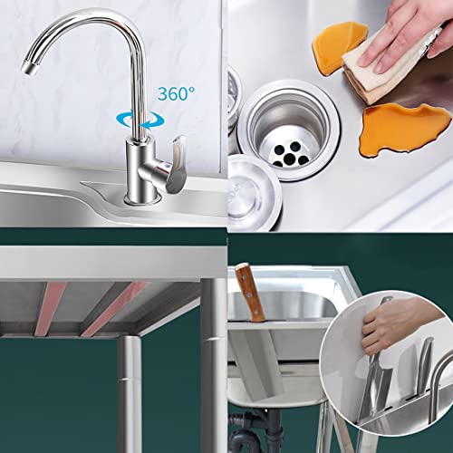 Commercial Restaurant Kitchen Sink,304 Stainless Steel Utility Single Bowl Sink Fish Prep Cleaning Station, with Storage Shelves Drainer Unit Faucet Combo for Garden, BBQ, Restaurant,Garage,Backyard - Thumbnail 4