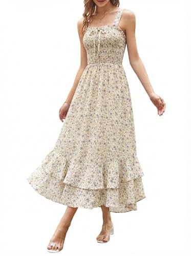 GRACE KARIN Women's 2025 Summer Floral Boho Dress Square Neck Strapped Swing A Line Sundress Beach Long Maxi OutfitsLight Yellow S