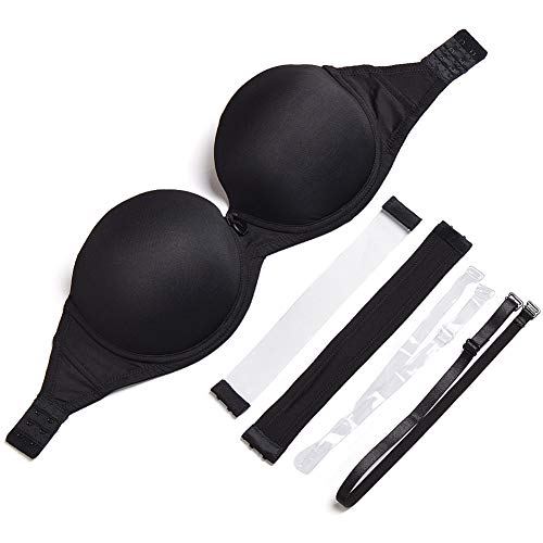 Strapless Bra with Clear Back Invisible Strap Push Up Padded Underwire Backless Halter Bralette 34D, Black - Thumbnail 3