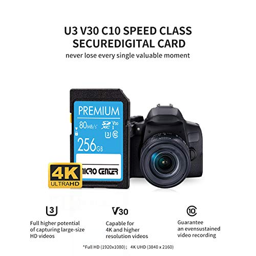 Image of Micro Center Premium 256GB SDXC Card Class 10 SD Flash Memory Card UHS-I C10 U3 V30 4K UHD Video R /W Speed up to 80 MB /s for Cameras Computers Trail Cams (256GB)