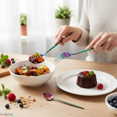 Image of Slim Handle Rainbow 4 Pcs Stainless Steel Cutlery Set for Dining Table, Dishwasher Safe Glossy Flatware (1 Spoon Set + 1 Forks Set + 1 Butter Knife + 1 Dessert Spoon)
