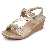 SHIBEVER Wedge Sandals for Women Dressy Summer Low Platform Wedges Sandals Elastic Ankle Strap Flower Comfortable Casual Shoes Champagne