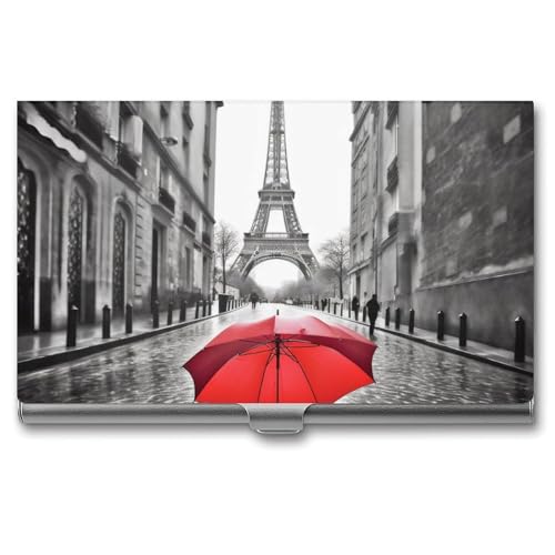 Slim Metal Business Card Holder - Eiffel Tower Paris Red Umbrella Aluminum Alloy Card Case with Buckle Closure, Holds 20 Cards & Cash, Professional Credit Card Size ID Holder for Men Women Gift