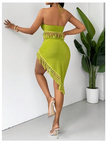 SHENHE Women's Fringe 2 Piece Vacation Outfits Halter Crop Top and Twisted Slit Skirt Set2