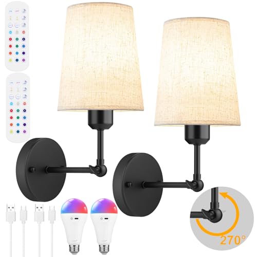 Image of Ostwiki Battery Operated Wall Sconce Set of 2,Black Rechargeable Wall Lights with Dimmable RGB Bulbs and Remote Control,270Rotation Wireless Wall Lamps for Indoor Bedroom Living Room Hallway